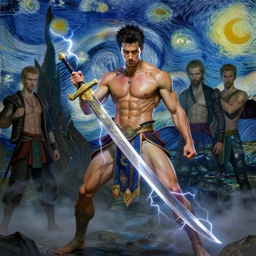 filthy frank as a greek samurai summoning lightning with luxurious divine sword, sigma male, smooth, sharp detail, by james jean, ruan jia, ilya kuvshinov, martinne johanna, vincent van gogh
