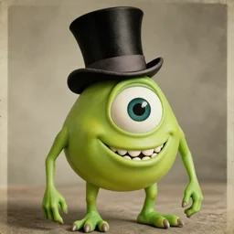 Mike Wazowski wearing a top hat and monocle, old photography, realism, hyperrealism, trending on artstation, 4k