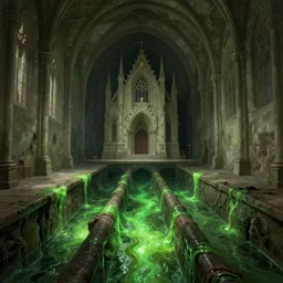 a church in an underground sewerage network, unadorned, puritan monastery interior, green glowing slime in the sewers, intricate, highly detailed, digital painting, artstation, concept art, cinematic lighting, illustration, by artgerm, greg rutkowski, alphonse mucha, cgsociety