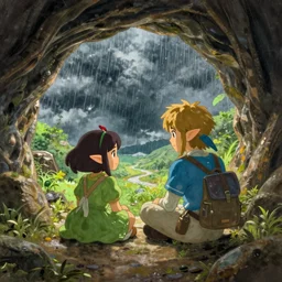 link and zelda sitting in a cave, avoiding a rainstorm outside, cute, painted by krenz cushart, mucha, ghibli, by joaquin sorolla rhads leyendecker, by ohara koson