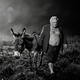 a movie still by tarkovsky of a fat!!! old man!!! walking with his donkey in a swamp mossy, by night, cinestill 8 0 0 t 3 5 mm b & w, heavy grain, high quality, noir, natural textures, photorealistic, ambient occlusion, hd, mud, fog, criterion collection