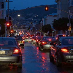 pov of cars waiting for traffic light in san francisco at night, taillights, puddles, reflections, hills, telephoto, by john singer sargent