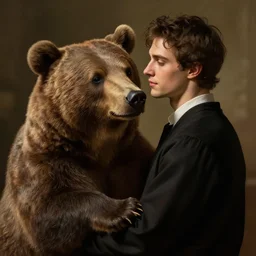 guy with a bear, wonderful masterpiece highly detailed, beautiful cinematic light deep focus, elegant, digital painting, smooth, sharp focus, golden ratio, dramatic illumination, ultra realistic, 8 k, art by artemisia lomi gentileschi and caravaggio
