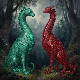 two - headed malachite and ruby golem with a long neck in a dark forest, cloudy sky, fantasy, intricate, elegant, highly detailed, traditional painting, acrylic painting, artstation, concept art, matte, sharp focus, illustration, hearthstone, art by artgerm and greg rutkowski and alphonse mucha and alex ross