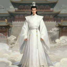 a highly detailed epic character design of ancient chinese hansome young emperor, crown wearing white imperial robe strong, full body, background is ancient chinese architecture ， clouds, by chen uen, yoji shinkawa 8 k