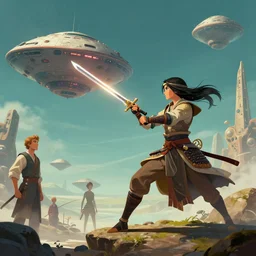 on a strange vintage scifi planet, a samurai wizard warrior goddess with sword attacks an extraterrestrial spaceship, winslow homer, moebius, michael whelan, artstation