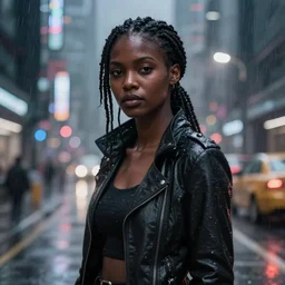 vfx cyberpunk beautiful black woman photo real, sci-fi city street night lighting, rain and fog by Emmanuel Lubezki