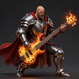 bugbear playing flaming axe bass guitar, class hunter, d & d, dungeons and dragons, ornate steel armour red cloak, beard, male, strong outline, character design on white background, gnarly details, by studio ghibli, proko, james jean, trending on artstation, cell shaded, flat colour, denoised