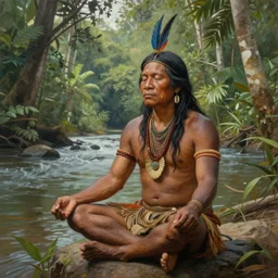 a realistic painting of an indigenous man meditating near a river in the amazon jungle, highly detailed, trending on devian art, art by christophe vacher