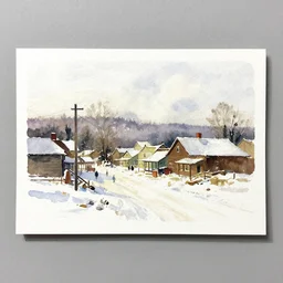 small painting centered on white watercolor paper, paint brush strokes, abstract watercolor painting of western town, snowy weather, winter, american frontier, midday sharp light, dust, cinematic light, american romanticism by hans dahl, by jesper ejsing, by anders zorn, by greg rutkowski, by greg manchess, by tyler edlin