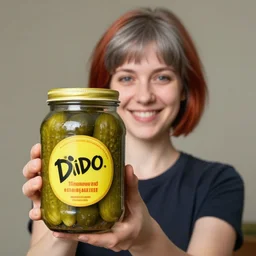 a smiling girl with short grey red hair proudly holding a fido jar into the camera. close up. the fido jar is filled with big green pickles. by frazetta frank