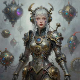 by tom bagshaw, ultra realist vivid soft painting of a carnival of curiosities, single curvy flirt etheral young steampunk female with magnificent eyes in a full ornated armor, gears, cables, led, flying machinery, partial symmetry accurate features, very intricate details, focus, award winning, ultra dense fog
