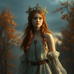 sadie sink goddess of the autumn twilight, highly detailed, digital painting, artstation, concept art, smooth, sharp focus, illustration, unreal engine 5, 8 k, art by artgerm and greg rutkowski and edgar maxence
