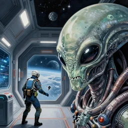 alien monster attacking a solar system patrol officer in a corridor, science fiction, outer space, finely illustrated face, highly detailed, colored pencil, studio ghibli, tankobon, in the style of ilya kuvshinov and krenz cushart and william - adolphe bouguereau and alphonse mucha