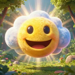 fantastical vibrant bulbous!!!!!!!!! smiley face emoji shaped cloud with holes for eyes and mouth, in a nature scene by marc adamus, high definition, rays of light breaking behind the emoji, cheerful, rave art