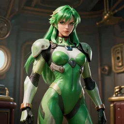 intense demeanor. close portrait. ship interior bg. screenshot of a scene in metroid zero of pretty beautiful tall muscular samus aran by norman rockwell. character designed by hideaki anno. bodysuit. green lustrous hair. digital. lighting by james gurney. trending on artstation. masterpiece. artgerm mucha rutkowski.