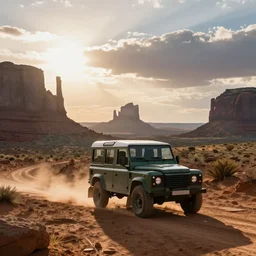 A vintage Land Rover Defender drives within a dramatic vista in monument valley, cinemstic sky and light, backlight