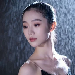 portrait of a ballerina with a beautiful porcelain face, rain, cinematic light and reflections, beautiful dreamy lighting, photographed by annie leibovitz,
