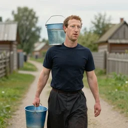 mark zuckerberg in a dress carries a bucket of water along the path, russian village, realism, maximum detail, detailed face, high quality, depth of field, soft light, proportions, composition, classicism painting,