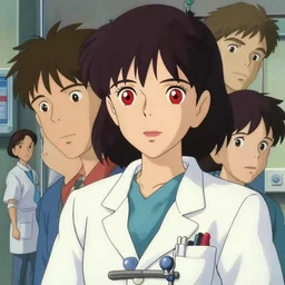 a full body of a 1 9 9 0's doctor disney style girl, red eyes, finely detailed features, closeup at the faces, perfect art, in the hospital, gapmoe yandere, trending on pixiv fanbox, painted by greg rutkowski makoto shinkai takashi takeuchi studio ghibli, akihiko yoshida,
