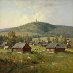 the small wooden villages of siberia, russia in the style of hudson river school of art, oil on canvas