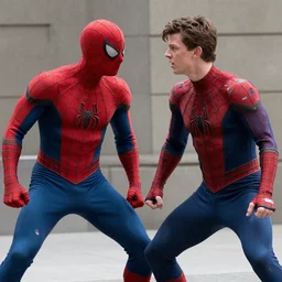a photo of tobey maguire in a ripped and wore spiderman suit from the movie spider man angry and fighting tom holland in a also worn and ripped spiderman suit, from spider man homecoming.