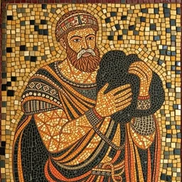 roman mosaic of a man holding a piece of glowing black wool wearing black metalic armor, opus tesellatum, pompeii