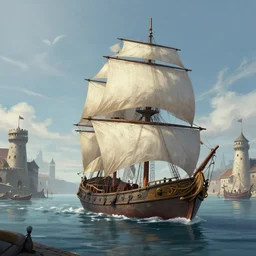 lone ship in a medieval harbor, artstation, deviantart