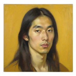 detailed oil painting, beautiful asian man with long hair, beautiful face, mustard yellow background, medium portrait, by felix valloton, ferenc pinter
