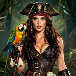A movie poster of megan fox as a sexy pirate with a parrot, digital art, amazing detail