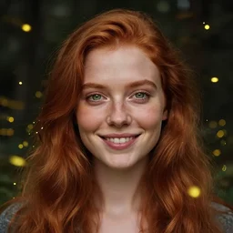 a happy, modern looking young woman, among the lights of golden fireflies and nature, long loose red hair, intricate details, green eyes, small nose with freckles, oval smiling face, golden ratio, high contrast, hyper realistic digital art by artemisia lomi gentileschi and caravaggio and artgerm.