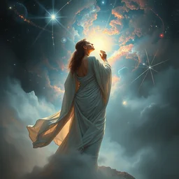 in flowing silver robes she watches as the universe is born, full body, supersaturated nebulas, misty, ultra dramatic lighting, bright radial arcs of light, radiant stars, intricate, hyper detailed, masterpiece, beautiful painting by ruan jia, artgerm, alphonse mucha, frank frazetta