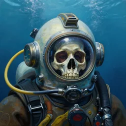 portrait of deep sea diver helmet, the notorious b. i. g.!!!!!!!!!!!!!!!!!!!!!!!!!!!, detailed skull face, detailed painting, epic lighting, by ilya repin, phil hale and kent williams