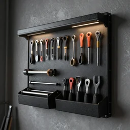 a beautiful ultradetailed cinema 4d render of a garage wall tool hanging system by simon stalenhag, trending in artstation, tool set, blacklight aesthetic, deep depth of field,