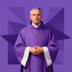 catholic priest with cassock. portrait. digital art, bauhaus, angular, geometric, symmetrical. purple color theme. flat, solid background.