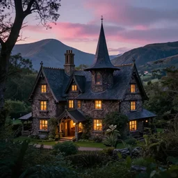 a gorgous witchhouse in a woodland with lighted windows, mountains in background, evening mood, pink clouds in the sky, by clive madgwick