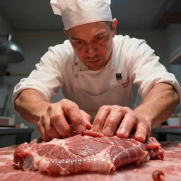 low angle view of a butcher working, artwork by craig mullins, high details, octane, unreal engine, from below, worms - eye - view, close - up!!!!!