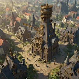 close up aerial shot of steampunk town in the style of greg rutkowski, artgerm and alphonse mucha, trending on artstation, hyper realistic master piece, no fog!, no atmospheric perspective!, sharp focus, clear