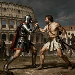 two Gladiators fighting inside the colosseum, dark, gritty, highly detailed, vivid colors, caravaggio