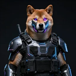 tactical military neon exoskeleton armor, anonymous mask, realistic anthropomorphic shiba inu, neon eyesight, science fiction, dark, portrait by donato giancola and greg rutkowski and wayne barlow, realistic face