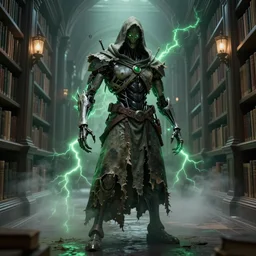 character and environment design, biomechanical arcanist on library hallway, tattered robe and hood, green lightning, fog, scary, arrogant, hostile, photorealistic, cinematic, hyper realistic, octane render, 8 k, wide angle