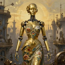 brass semi - mechanical woman, portrait, floral art novuea dress, art by moebius, john bauer, in steampunk cityscape designed by victor horta, golden hour, robotic prosthetic limbs, symmetrical