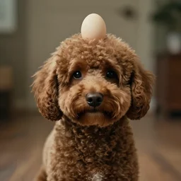 brown cavoodle with an egg on its head, cinematic photography, trending on artstation,