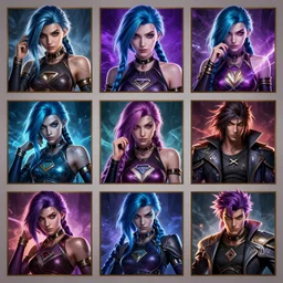 a 3 bye 3 array of jinx and vi league of legends poster art, 4 k, ultra hd