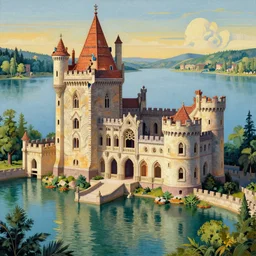 castle ruins, lake, intricate, elegant, highly detailed, vivid colors, john park, frazetta, sparth, ruan jia, jeffrey catherine jones
