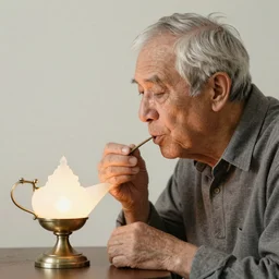 an old man sucking on a lamp