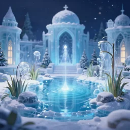 water garden in the winter ice palace. award - winning 3 d anime by an indie studio, heavily stylized, rimlighting, depth of field, limited palette, impressionism, chiaroscuro, bokeh.