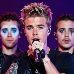 color still shot of justin bieber lead singer performing in music group insane clown posse, face closeup