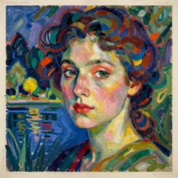 an extreme close-up abstract portrait of a lady enshrouded in an impressionist representation of Mother Nature and the meaning of life by Sonia Delaunay and Igor Scherbakov, abstract colorful lake garden at night, thick visible brush strokes, figure painting by Anthony Cudahy and Rae Klein, vintage postcard illustration, minimalist cover art by Mitchell Hooks