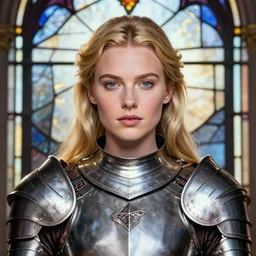 masterpiece head-on symmetrical centered painted portrait, Imogen Poots as a paladin, blonde hair, glorious, wearing full metal armour, glowing stained glass backdrop, elegant, in the style of Lois van Baarle and Rossdraws and Ruan Jia and Ross Tran and Alphonse Mucha and Ayami Kojima and Charlie Bowater and Karol Bak and Jean Delville, pixar, maya engine, splash comics, global illumination lighting